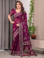 Wine Plum Fendi Satin Block & Foil Print Saree with Traditional Motif Border & Tassel Detail Blouse - Image 9