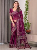 Wine Plum Fendi Satin Block & Foil Print Saree with Traditional Motif Border & Tassel Detail Blouse - Image 11