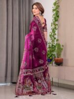 Wine Plum Fendi Satin Block & Foil Print Saree with Traditional Motif Border & Tassel Detail Blouse - Image 3