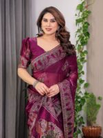 Wine Plum Fendi Satin Block & Foil Print Saree with Traditional Motif Border & Tassel Detail Blouse - Image 8
