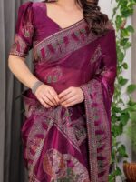 Wine Plum Fendi Satin Block & Foil Print Saree with Traditional Motif Border & Tassel Detail Blouse - Image 2