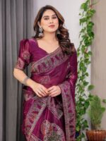 Wine Plum Fendi Satin Block & Foil Print Saree with Traditional Motif Border & Tassel Detail Blouse - Image 6