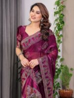 Wine Plum Fendi Satin Block & Foil Print Saree with Traditional Motif Border & Tassel Detail Blouse - Image 10