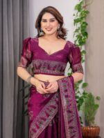 Wine Plum Fendi Satin Block & Foil Print Saree with Traditional Motif Border & Tassel Detail Blouse - Image 4