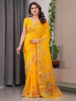 Mustard Yellow Fendi Satin Block & Foil Print Saree with Traditional Motif Border & Tassel Detail Blouse - Image 6