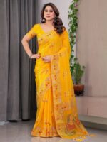 Mustard Yellow Fendi Satin Block & Foil Print Saree with Traditional Motif Border & Tassel Detail Blouse - Image 8