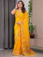 Mustard Yellow Fendi Satin Block & Foil Print Saree with Traditional Motif Border & Tassel Detail Blouse - Image 10