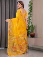 Mustard Yellow Fendi Satin Block & Foil Print Saree with Traditional Motif Border & Tassel Detail Blouse - Image 3