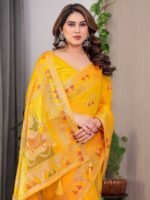 Mustard Yellow Fendi Satin Block & Foil Print Saree with Traditional Motif Border & Tassel Detail Blouse - Image 5