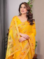 Mustard Yellow Fendi Satin Block & Foil Print Saree with Traditional Motif Border & Tassel Detail Blouse - Image 11