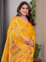 Mustard Yellow Fendi Satin Block & Foil Print Saree with Traditional Motif Border & Tassel Detail Blouse - Image 7