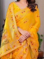 Mustard Yellow Fendi Satin Block & Foil Print Saree with Traditional Motif Border & Tassel Detail Blouse - Image 2