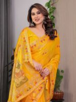 Mustard Yellow Fendi Satin Block & Foil Print Saree with Traditional Motif Border & Tassel Detail Blouse - Image 9