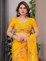 Mustard Yellow Fendi Satin Block & Foil Print Saree with Traditional Motif Border & Tassel Detail Blouse - Image 4