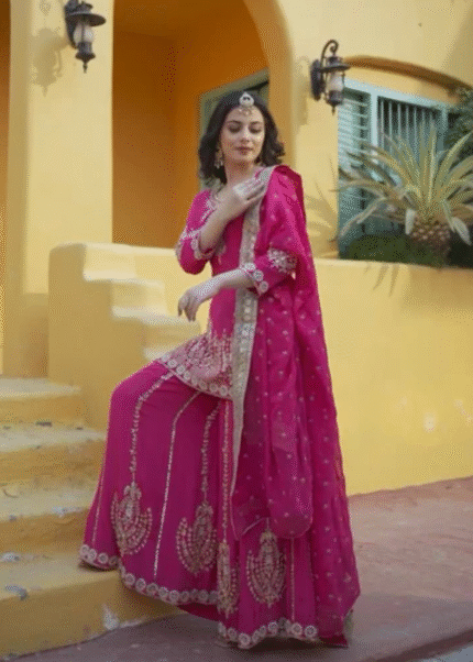 Elegant Chinon Silk Kurti Sharara Set with Embroidered Dupatta